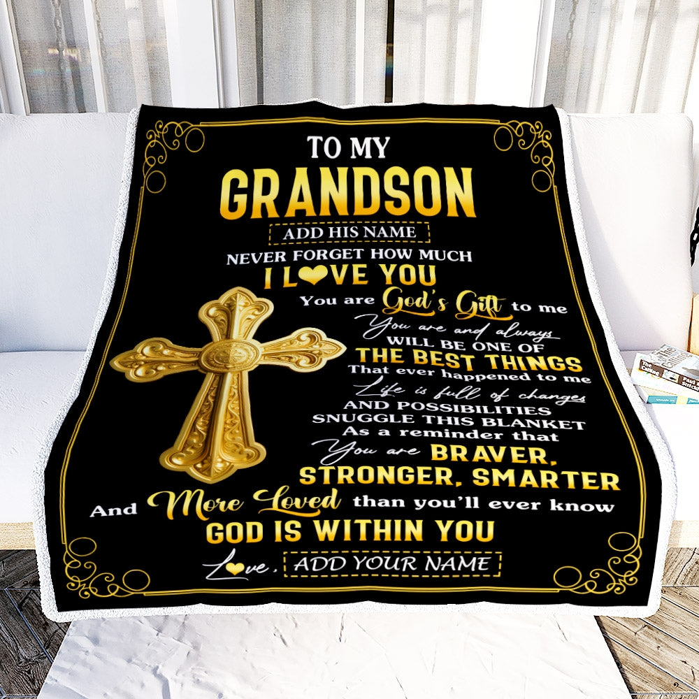 Personalized To My Grandson Gifts From Grandma Blanket Christian God Is With You Gifts For Grandson Birthday Present Graduation Christmas Fleece Blanket | siriusteestore