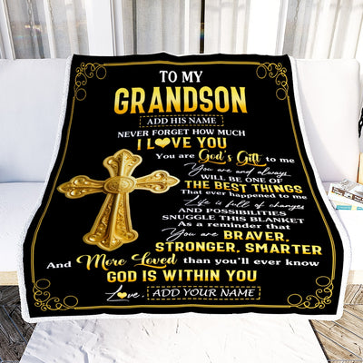 Personalized To My Grandson Gifts From Grandma Blanket Christian God Is With You Gifts For Grandson Birthday Present Graduation Christmas Fleece Blanket | siriusteestore