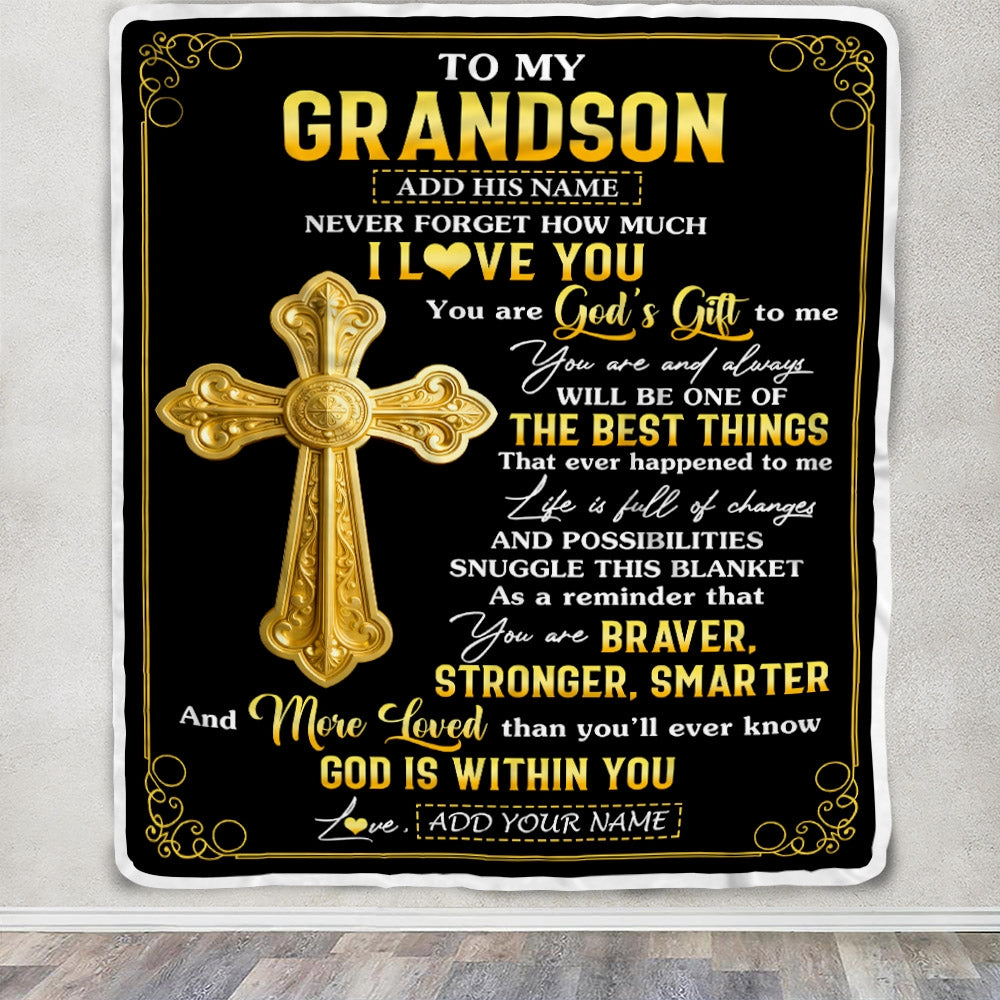 Personalized To My Grandson Gifts From Grandma Blanket Christian God Is With You Gifts For Grandson Birthday Present Graduation Christmas Fleece Blanket | siriusteestore