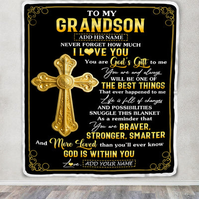 Personalized To My Grandson Gifts From Grandma Blanket Christian God Is With You Gifts For Grandson Birthday Present Graduation Christmas Fleece Blanket | siriusteestore