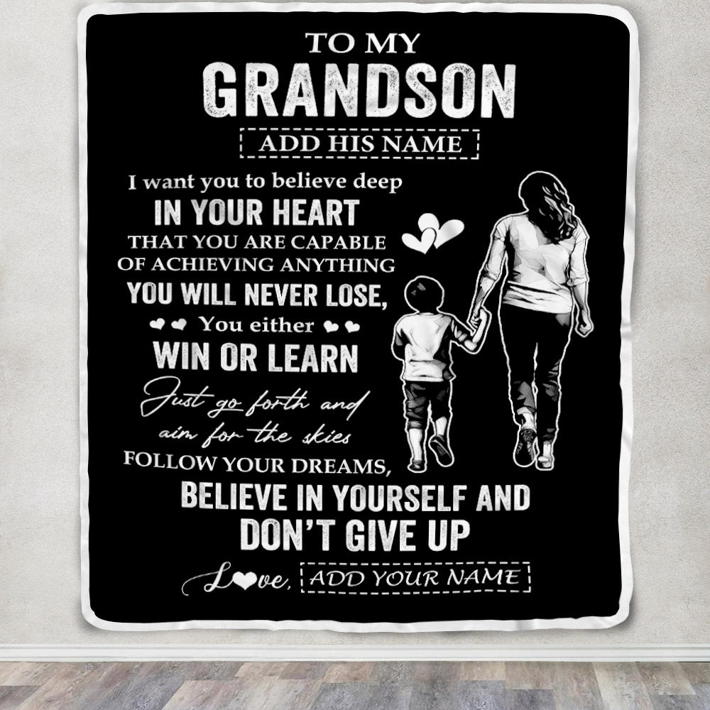 Personalized To My Grandson Gifts From Grandma Blanket Don't Give Up Grandmother Gifts For Grandson Birthday Graduation Christmas Customized Fleece Blanket | siriusteestore