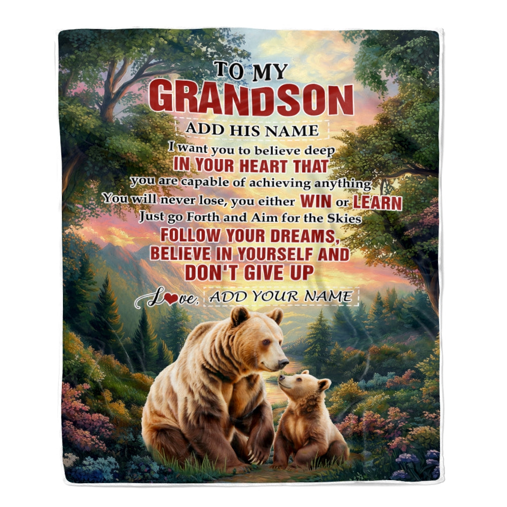Personalized To My Grandson Gifts From Grandma Grandpa Blanket Don't Give Up Bear Gifts For Grandson Birthday Graduation Christmas Customized Fleece Blanket | siriusteestore