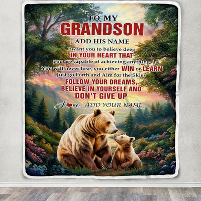 Personalized To My Grandson Gifts From Grandma Grandpa Blanket Don't Give Up Bear Gifts For Grandson Birthday Graduation Christmas Customized Fleece Blanket | siriusteestore
