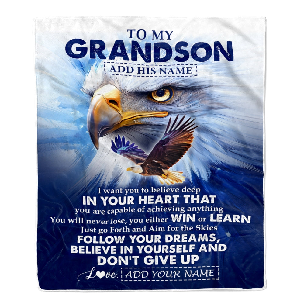 Personalized To My Grandson Gifts From Grandma Grandpa Blanket Don't Give Up Eagle Gifts For Grandson Birthday Graduation Christmas Customized Fleece Blanket | siriusteestore