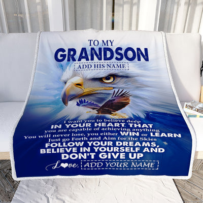Personalized To My Grandson Gifts From Grandma Grandpa Blanket Don't Give Up Eagle Gifts For Grandson Birthday Graduation Christmas Customized Fleece Blanket | siriusteestore