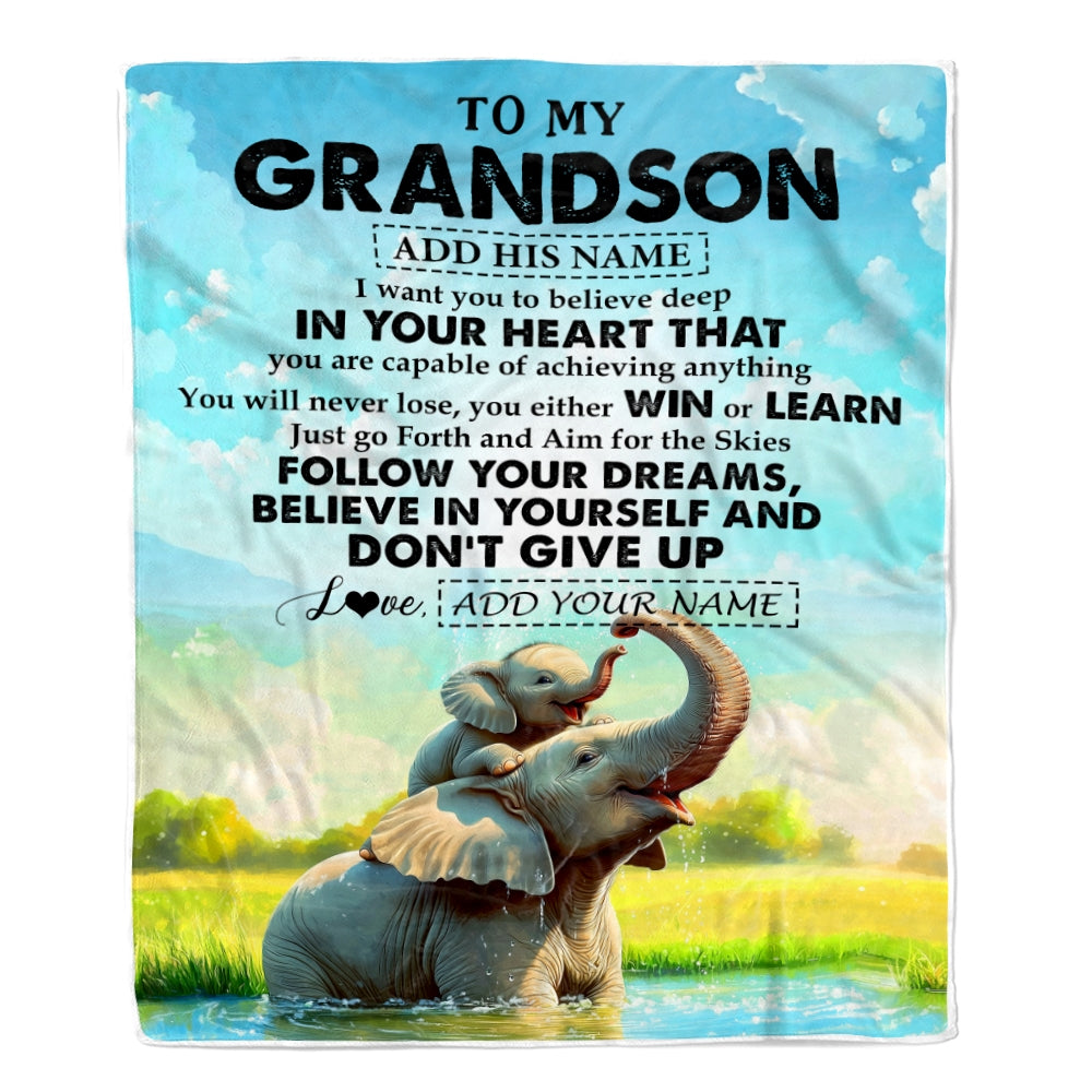 Personalized To My Grandson Gifts From Grandma Grandpa Blanket Don't Give Up Elephant Gifts For Grandson Birthday Graduation Christmas Fleece Blanket | siriusteestore