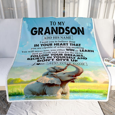 Personalized To My Grandson Gifts From Grandma Grandpa Blanket Don't Give Up Elephant Gifts For Grandson Birthday Graduation Christmas Fleece Blanket | siriusteestore