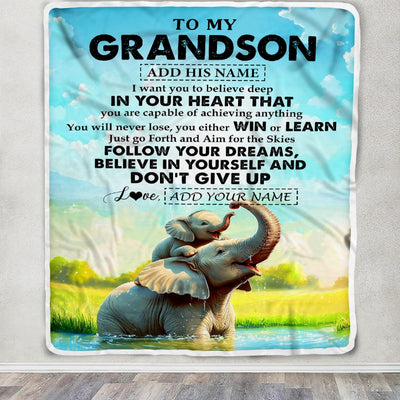 Personalized To My Grandson Gifts From Grandma Grandpa Blanket Don't Give Up Elephant Gifts For Grandson Birthday Graduation Christmas Fleece Blanket | siriusteestore