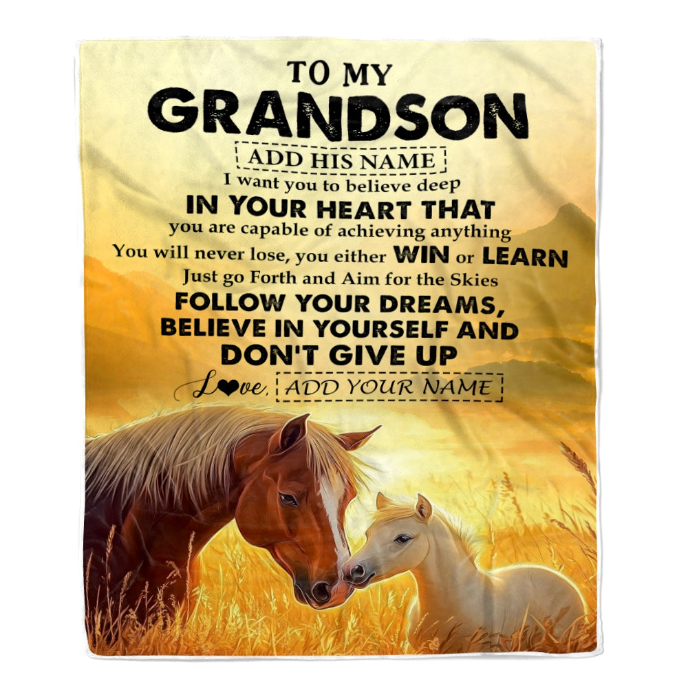 Personalized To My Grandson Gifts From Grandma Grandpa Blanket Don't Give Up Horse Gifts For Grandson Birthday Graduation Christmas Customized Fleece Blanket | siriusteestore