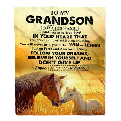 Personalized To My Grandson Gifts From Grandma Grandpa Blanket Don't Give Up Horse Gifts For Grandson Birthday Graduation Christmas Customized Fleece Blanket | siriusteestore