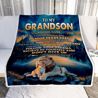Personalized To My Grandson Gifts From Grandma Grandpa Blanket Don't Give Up Lion Gifts For Grandson Birthday Graduation Christmas Customized Fleece Blanket | siriusteestore