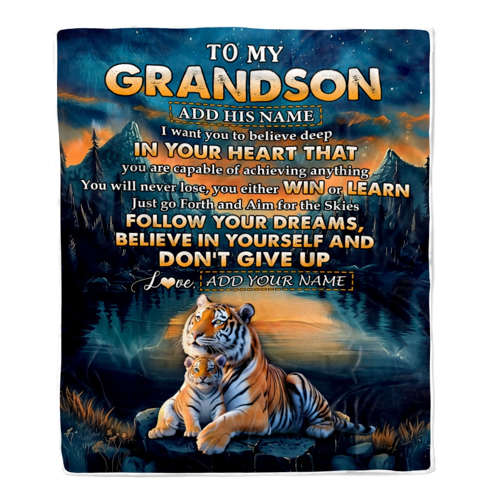 Personalized To My Grandson Gifts From Grandma Grandpa Blanket Don't Give Up Tiger Gifts For Grandson Birthday Graduation Christmas Customized Fleece Blanket | siriusteestore