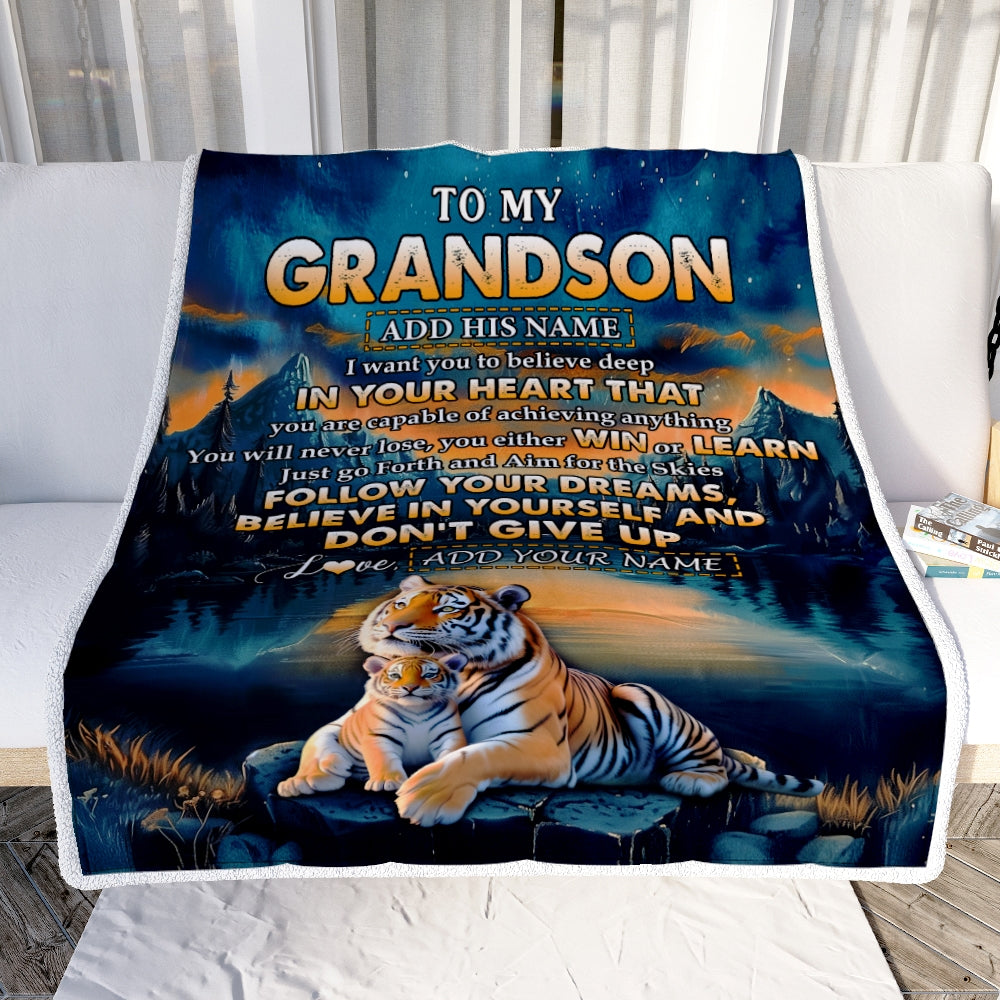 Personalized To My Grandson Gifts From Grandma Grandpa Blanket Don't Give Up Tiger Gifts For Grandson Birthday Graduation Christmas Customized Fleece Blanket | siriusteestore