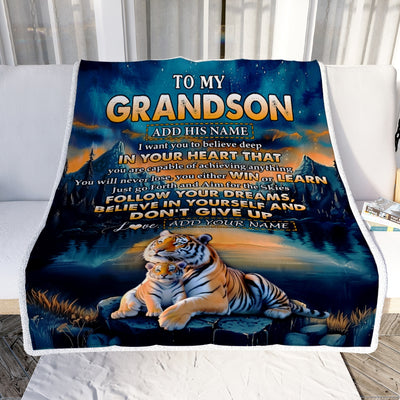 Personalized To My Grandson Gifts From Grandma Grandpa Blanket Don't Give Up Tiger Gifts For Grandson Birthday Graduation Christmas Customized Fleece Blanket | siriusteestore