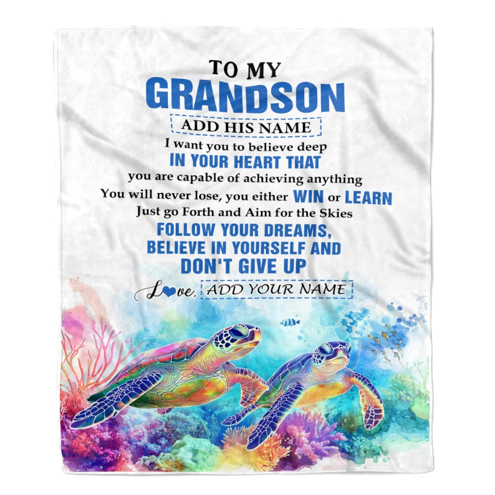 Personalized To My Grandson Gifts From Grandma Grandpa Blanket Don't Give Up Turtle Gifts For Grandson Birthday Graduation Christmas Customized Fleece Blanket | siriusteestore