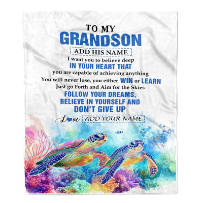 Personalized To My Grandson Gifts From Grandma Grandpa Blanket Don't Give Up Turtle Gifts For Grandson Birthday Graduation Christmas Customized Fleece Blanket | siriusteestore