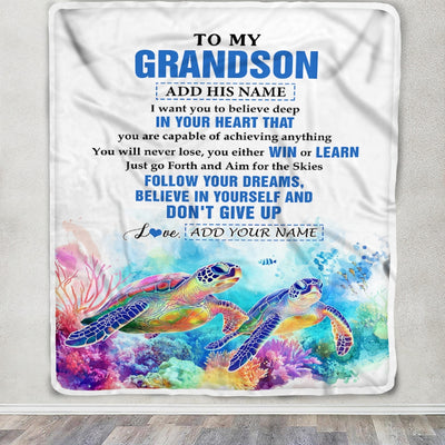 Personalized To My Grandson Gifts From Grandma Grandpa Blanket Don't Give Up Turtle Gifts For Grandson Birthday Graduation Christmas Customized Fleece Blanket | siriusteestore