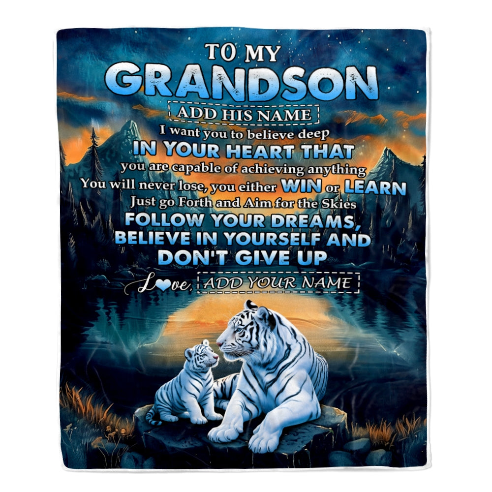 Personalized To My Grandson Gifts From Grandma Grandpa Blanket Don't Give Up White Tiger Gifts For Grandson Birthday Graduation Christmas Fleece Blanket | siriusteestore