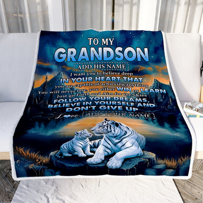Personalized To My Grandson Gifts From Grandma Grandpa Blanket Don't Give Up White Tiger Gifts For Grandson Birthday Graduation Christmas Fleece Blanket | siriusteestore