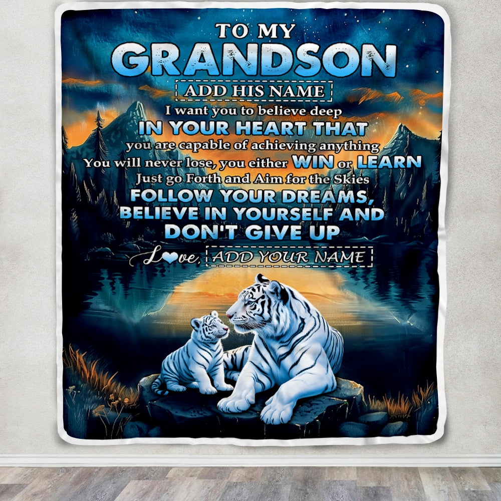 Personalized To My Grandson Gifts From Grandma Grandpa Blanket Don't Give Up White Tiger Gifts For Grandson Birthday Graduation Christmas Fleece Blanket | siriusteestore
