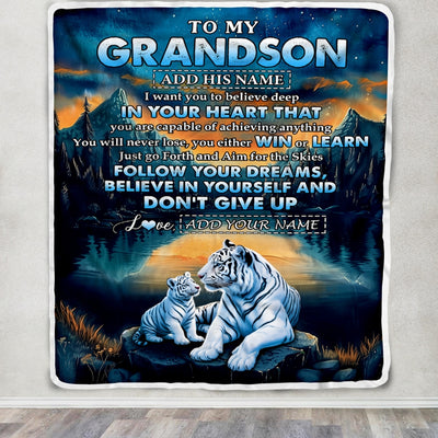 Personalized To My Grandson Gifts From Grandma Grandpa Blanket Don't Give Up White Tiger Gifts For Grandson Birthday Graduation Christmas Fleece Blanket | siriusteestore