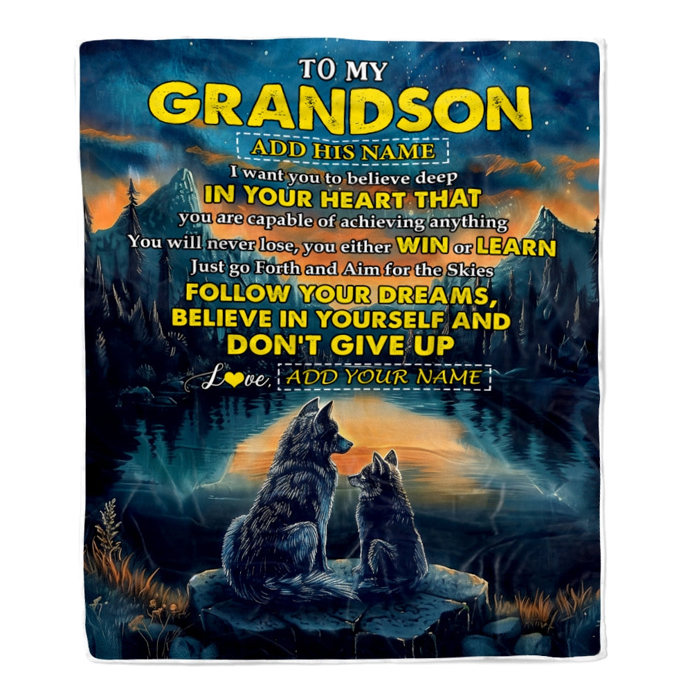 Personalized To My Grandson Gifts From Grandma Grandpa Blanket Don't Give Up Wolf Gifts For Grandson Birthday Graduation Christmas Customized Fleece Blanket | siriusteestore