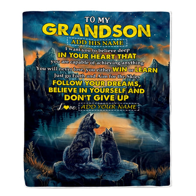 Personalized To My Grandson Gifts From Grandma Grandpa Blanket Don't Give Up Wolf Gifts For Grandson Birthday Graduation Christmas Customized Fleece Blanket | siriusteestore