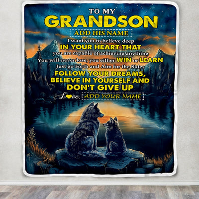 Personalized To My Grandson Gifts From Grandma Grandpa Blanket Don't Give Up Wolf Gifts For Grandson Birthday Graduation Christmas Customized Fleece Blanket | siriusteestore