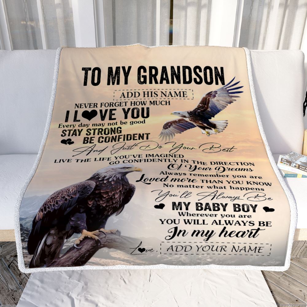 Personalized To My Grandson Gifts From Grandma Grandpa Blanket Eagle Never Forget How Much I Love You Grandson Birthday Graduation Christmas Fleece Blanket | siriusteestore