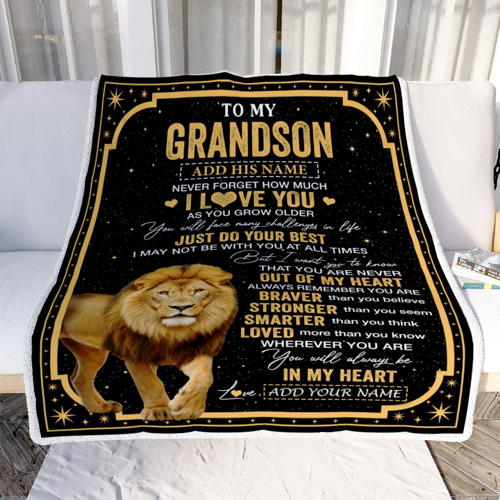 Personalized To My Grandson Gifts From Grandma Grandpa Blanket Lion I Love You Graduation Birthday Gifts For Grandson Christmas Customized Fleece Throw Blanket | siriusteestore