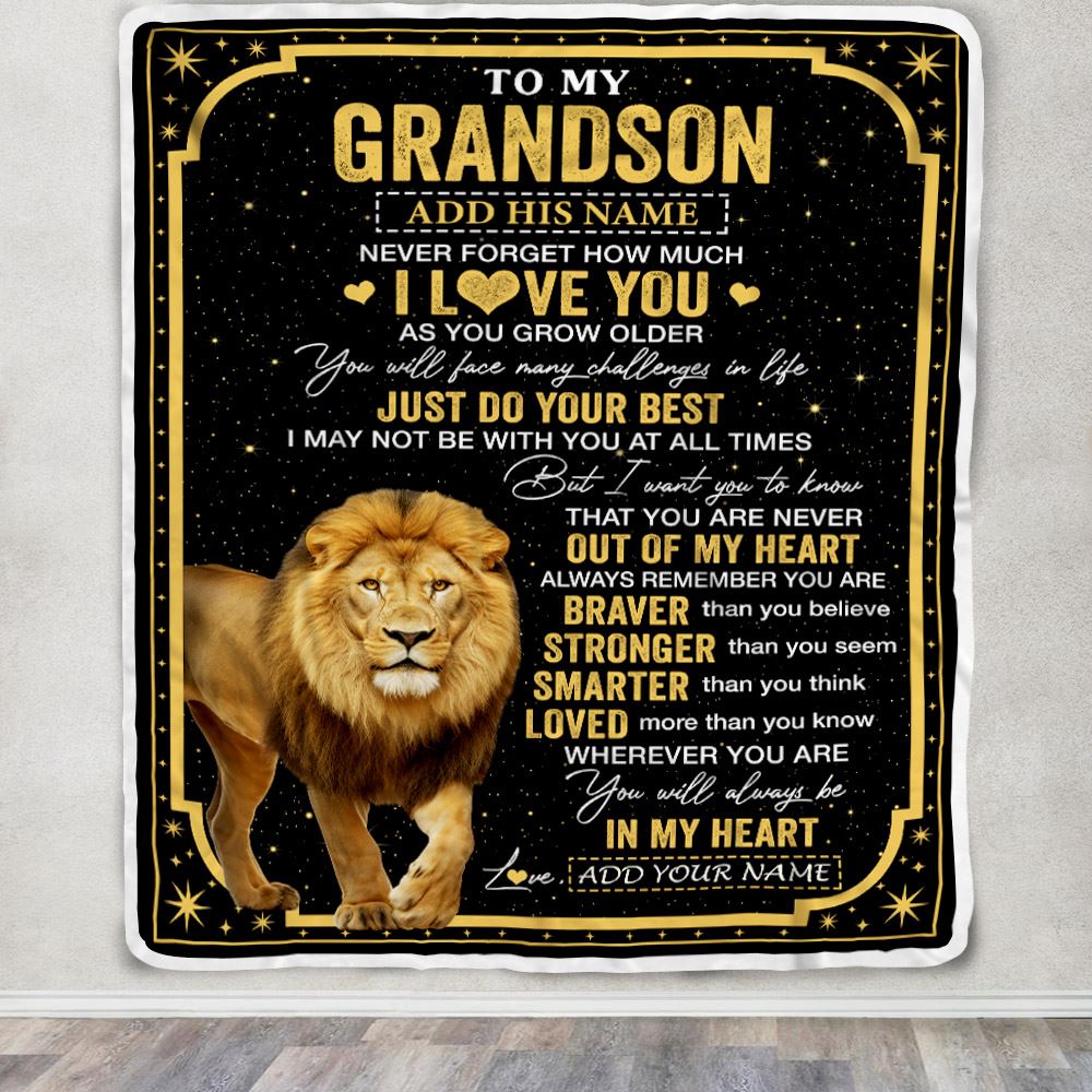 Personalized To My Grandson Gifts From Grandma Grandpa Blanket Lion I Love You Graduation Birthday Gifts For Grandson Christmas Customized Fleece Throw Blanket | siriusteestore
