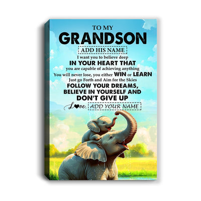 Personalized To My Grandson Gifts From Grandma Grandpa Canvas Don't Give Up Elephant Gifts For Grandson Birthday Gifts Graduation Christmas Custom Art Framed Canvas | siriusteestore