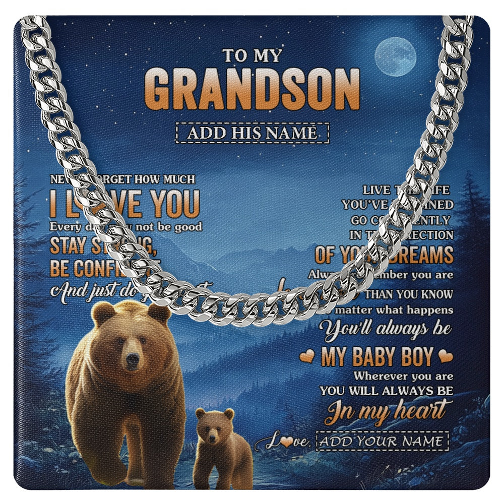 Cuban Link Chain Necklace Stainless Steel | 1 | Personalized To My Grandson Gifts From Grandma Grandpa Necklace Bear Never Forget How Much I Love You Grandson Birthday Christmas Custom Gift Box Message Card | siriusteestore.myshopify