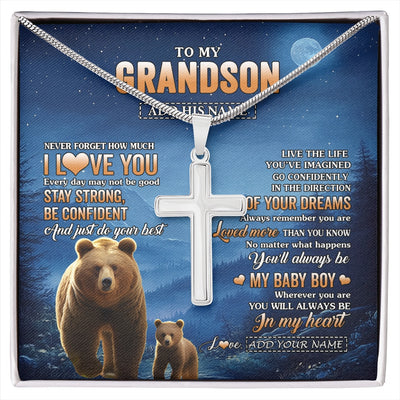 Stainless Cross Necklace Stainless Steel | 1 | Personalized To My Grandson Gifts From Grandma Grandpa Necklace Bear Never Forget How Much I Love You Grandson Birthday Christmas Custom Gift Box Message Card | siriusteestore.myshopify