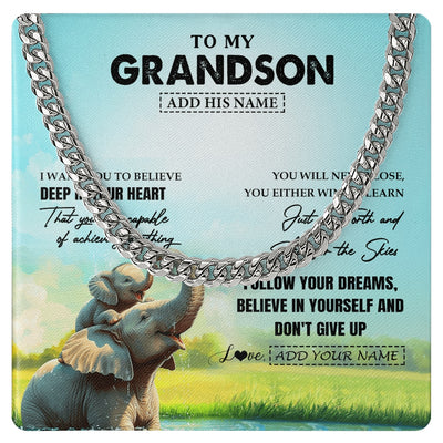 Cuban Link Chain Necklace Stainless Steel | 1 | Personalized To My Grandson Gifts From Grandma Grandpa Necklace Don't Give Up Elephant Gifts For Grandson Birthday Graduation Christmas Gift Box Message Card | https://siriusteestore.