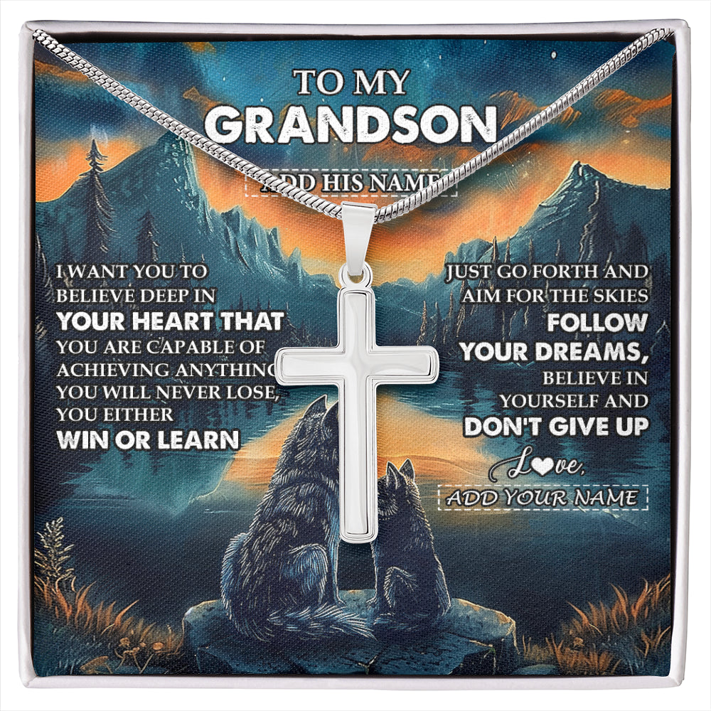 Stainless Cross Necklace Stainless Steel | 1 | Personalized To My Grandson Gifts From Grandma Grandpa Necklace Don't Give Up Wolf Gifts For Grandson Birthday Graduation Christmas Gift Box Message Card | siriusteestore