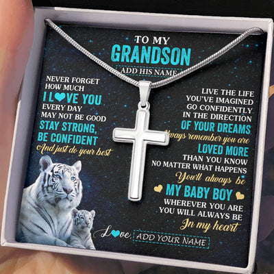 Stainless Cross Necklace Stainless Steel | 2 | Personalized To My Grandson Gifts From Grandma Grandpa Necklace White Tiger Never Forget How Much I Love You Grandson Birthday Christmas Gift Box Message Card | siriusteestore.myshopify