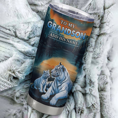Personalized To My Grandson Gifts From Grandma Grandpa Tumbler Don't Give Up White Tiger Gifts For Grandson Birthday Graduation Christmas Custom Stainless Steel Mug | siriusteestore