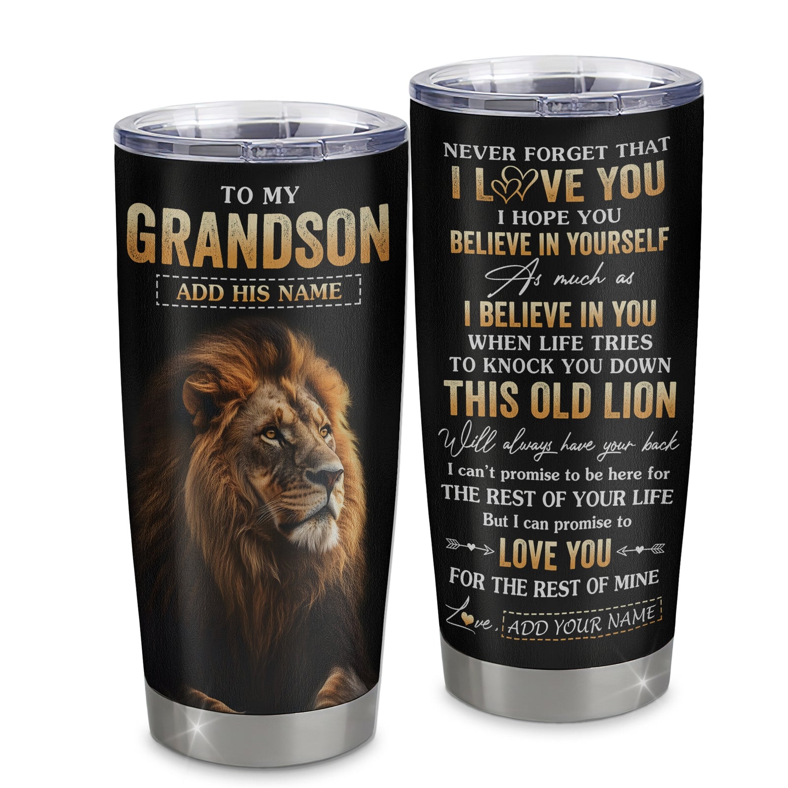 Personalized To My Grandson Gifts From Grandma Grandpa Tumbler Old Lion Love You Grandson Birthday Gifts Graduation Christmas Custom Stainless Steel Cup Travel Mug | siriusteestore