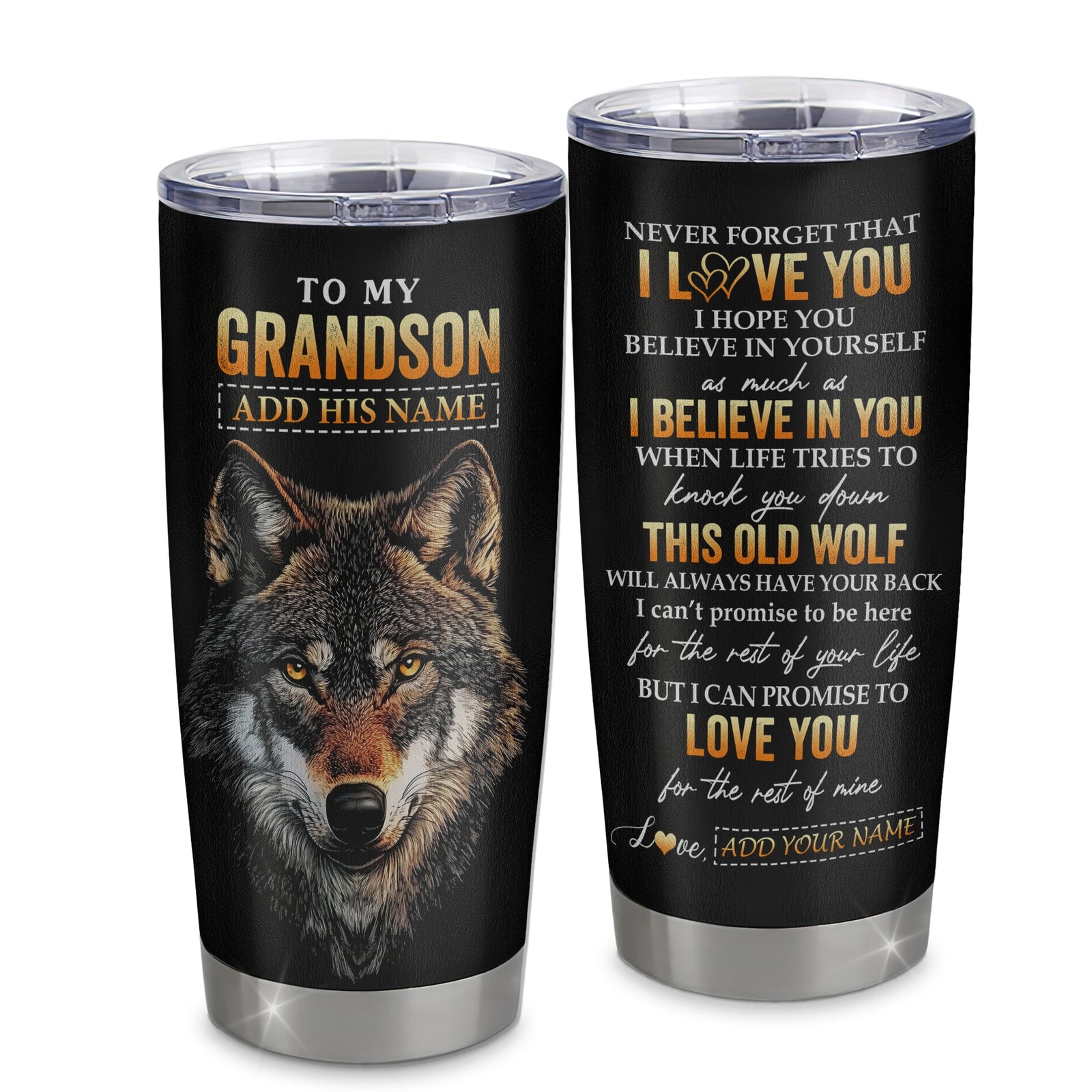 Personalized To My Grandson Gifts From Grandma Grandpa Tumbler Old Wolf Love You Grandson Birthday Gifts Graduation Christmas Custom Stainless Steel Cup Travel Mug | siriusteestore