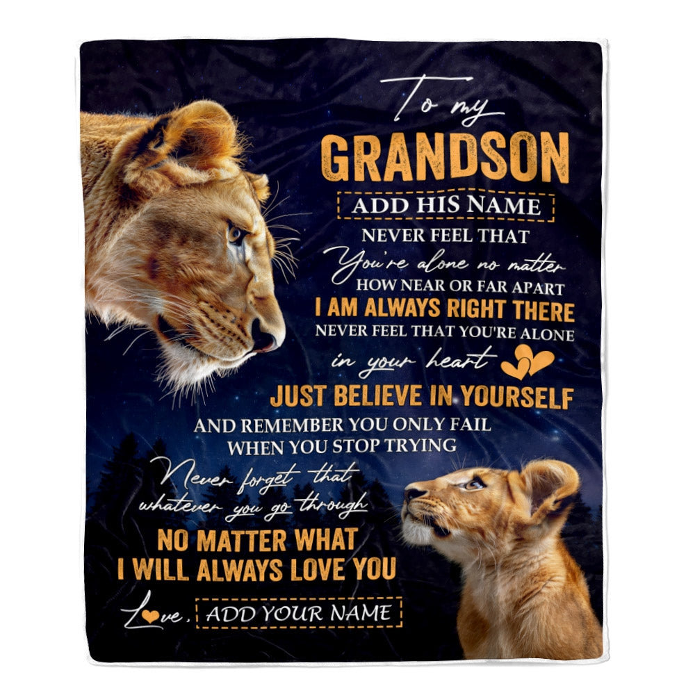 Personalized To My Grandson Gifts From Grandma Grandparent Blanket Lion Never Feel Alone Birthday Gifts Grandson Graduation Valentines Christmas Fleece Blanket | siriusteestore