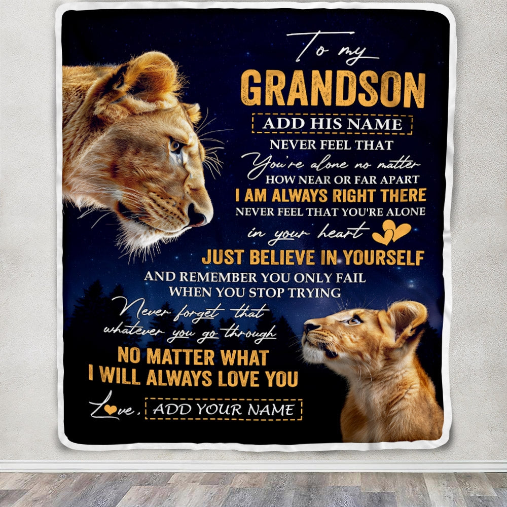 Personalized To My Grandson Gifts From Grandma Grandparent Blanket Lion Never Feel Alone Birthday Gifts Grandson Graduation Valentines Christmas Fleece Blanket | siriusteestore