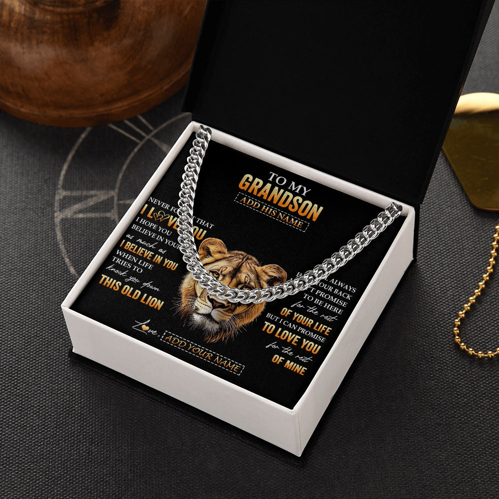 Cuban Link Chain Necklace Stainless Steel | 2 | Personalized To My Grandson Gifts From Grandma Nana Necklace Old Lion Love You Grandson Birthday Gifts Graduation Christmas Custom Gift Box Message Card | siriusteestore.myshopify