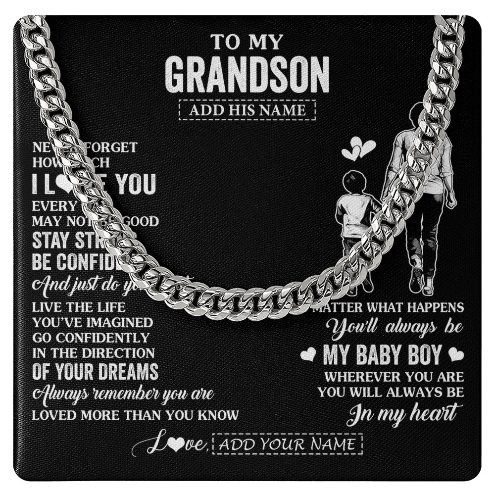 Cuban Link Chain Necklace Stainless Steel | 1 | Personalized To My Grandson Gifts From Grandma Necklace Never Forget How Much I Love You Grandson Birthday Graduation Christmas Custom Gift Box Message Card | https://siriusteestore.