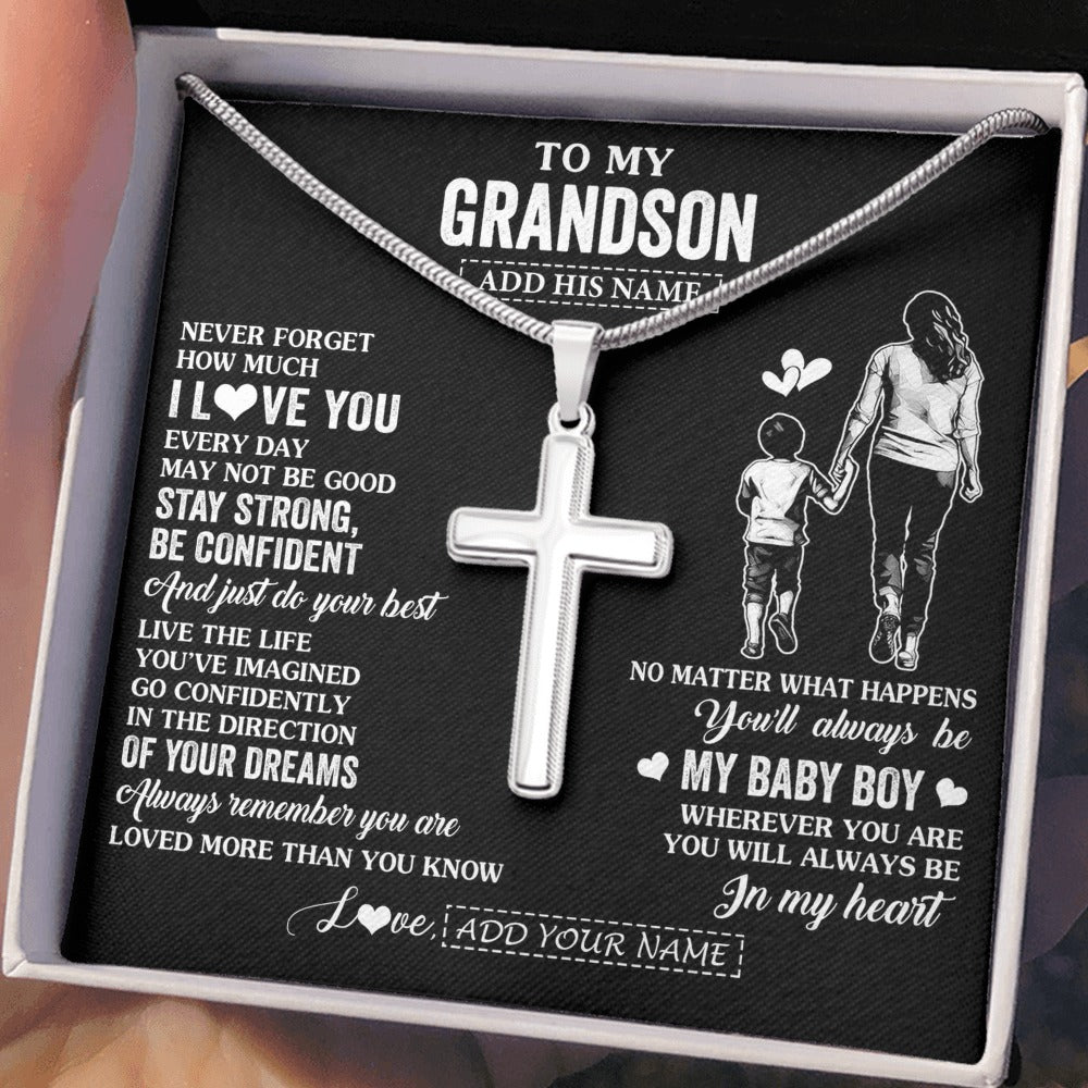 Stainless Cross Necklace Stainless Steel | 2 | Personalized To My Grandson Gifts From Grandma Necklace Never Forget How Much I Love You Grandson Birthday Graduation Christmas Custom Gift Box Message Card | https://siriusteestore.