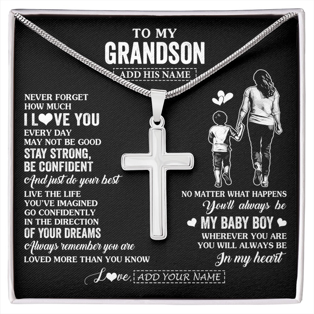 Stainless Cross Necklace Stainless Steel | 1 | Personalized To My Grandson Gifts From Grandma Necklace Never Forget How Much I Love You Grandson Birthday Graduation Christmas Custom Gift Box Message Card | https://siriusteestore.