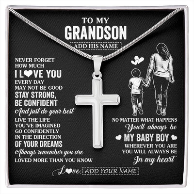 Stainless Cross Necklace Stainless Steel | 1 | Personalized To My Grandson Gifts From Grandma Necklace Never Forget How Much I Love You Grandson Birthday Graduation Christmas Custom Gift Box Message Card | https://siriusteestore.