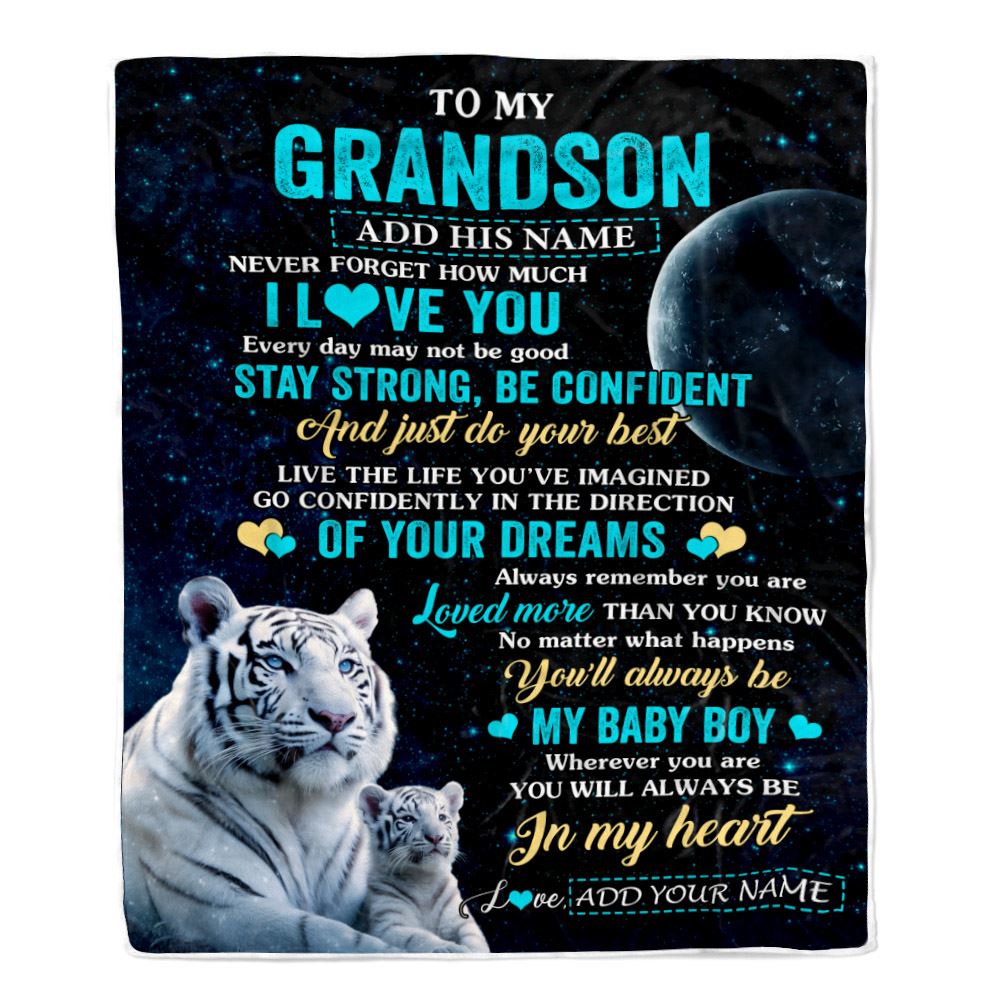 Personalized To My Grandson Gifts From Grandma Papa Blanket White Tiger Never Forget How Much I Love You Grandson Birthday Graduation Christmas Fleece Blanket | siriusteestore
