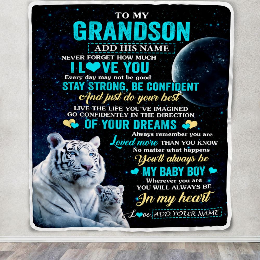Personalized To My Grandson Gifts From Grandma Papa Blanket White Tiger Never Forget How Much I Love You Grandson Birthday Graduation Christmas Fleece Blanket | siriusteestore
