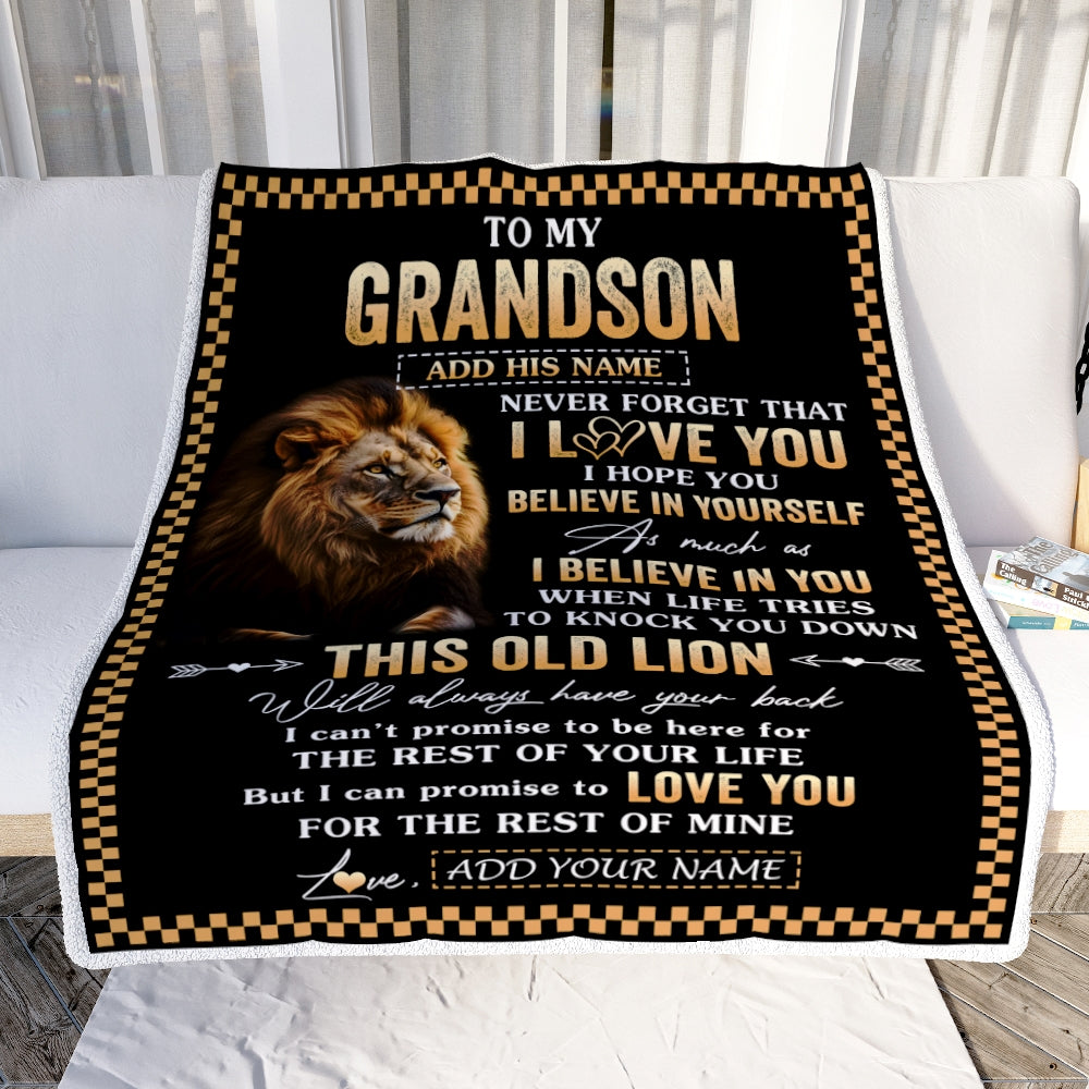 Personalized To My Grandson Gifts From Grandpa Grandma Blanket Old Lion Love You Grandson Birthday Gifts Graduation Christmas Customized Fleece Throw Blanket | siriusteestore